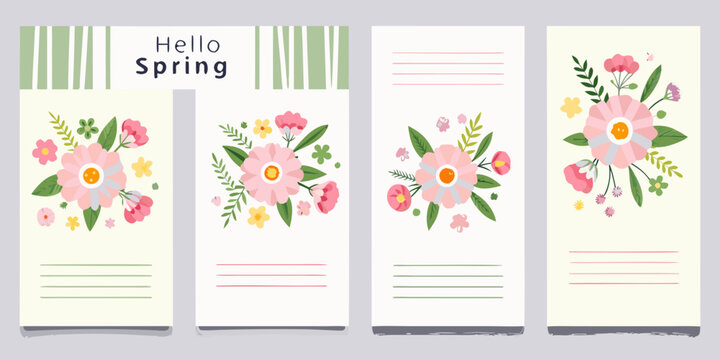 Collection of four charming spring greeting cards with floral illustrations and handwritten text hello spring
