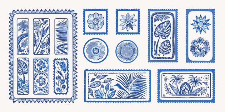 Collection of blue and white floral and tropical leaf postage stamp illustrations
