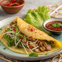 Banh Xeo Vietnamese Crispy Savory Pancake with Shrimp beef and Fresh Herbs Cuisine