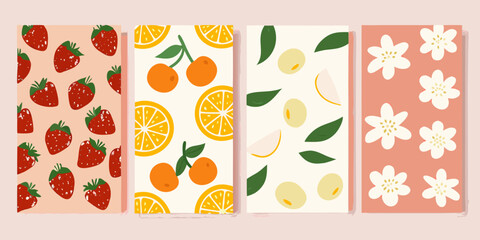 Vibrant collection of four illustrated fruit and flower panels with a whimsical style