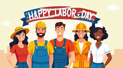Diverse group of people celebrating happy labor day holiday