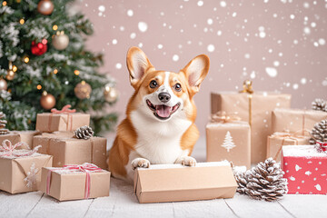 Cute Christmas Welsh Corgi Portrait on Solid Background
