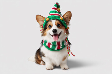Cute Christmas Welsh Corgi Portrait on Solid Background