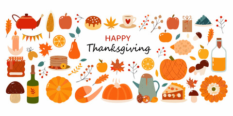 Happy thanksgiving greeting banner with autumn harvest food and decorations