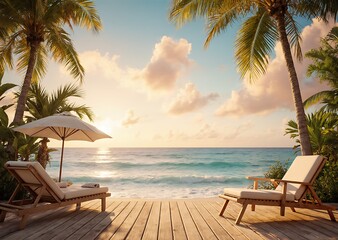 Obraz premium Tropical island paradise lounge chairs view golden hour serene ocean horizon landscape.