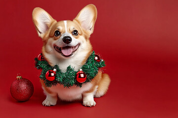 Cute Christmas Welsh Corgi Portrait on Solid Background