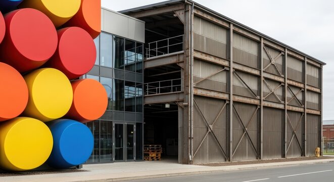 Architectural Contrast: A colorful modern building juxtaposed with an industrial warehouse