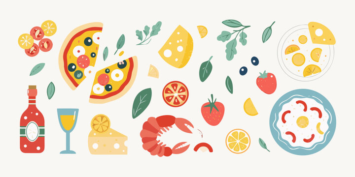 A vibrant flat illustration of italian food and ingredients including pizza cheese seafood fruits and wine