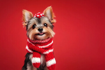 Cute Christmas Yorkshire Terrier Portrait on Solid Background