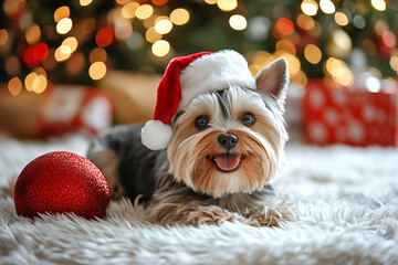Cute Christmas Yorkshire Terrier Portrait on Solid Background