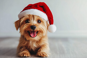 Cute Christmas Yorkshire Terrier Portrait on Solid Background