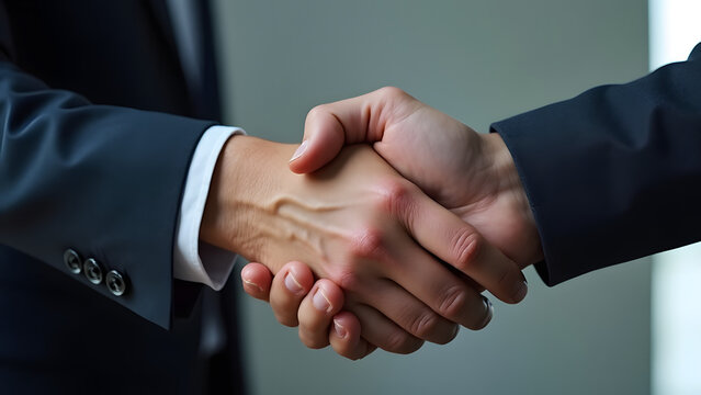 Two men's hands in business suits shake hands firmly - a close-up of a symbol of agreement, trust and the conclusion of a deal.