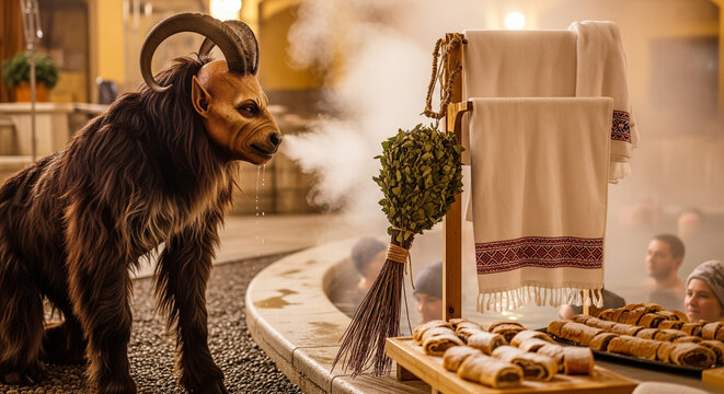 Mythical Faun Creature Enjoying Leisurely Spa Moment with Pastries
A captivating image featuring a mythical faun or satyr-like creature with impressive horns and shaggy fur