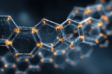 Graphene structure model with glowing vertices and intricate network of molecular connections