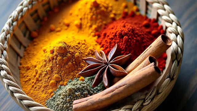 Spices displayed in a basket, vibrant powders of turmeric chili and cumin with cinnamon sticks and star anise in a woven container. concept of cooking recipes, food industry, healthy nutrition