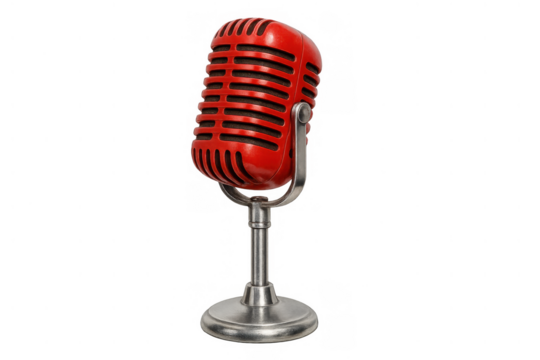 Vintage red microphone broadcasting sound for audio recording, musical performance, podcasting, and radio shows