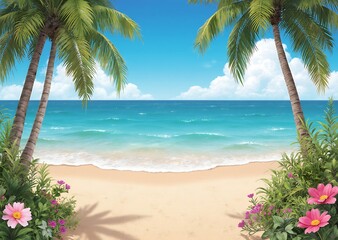 Fototapeta premium Tropical island paradise with sandy shoreline, green plants, blue ocean, and sunlight view