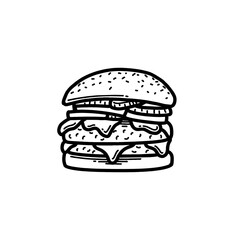 Hand drawn vector burger outline with cheese, tomato, sauce, and beef. Black and white doodle sketch for restaurant branding, menu design, packaging, and vintage or retro food illustrations.