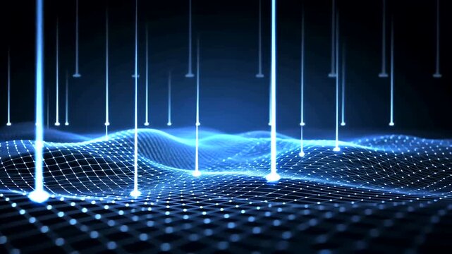 A digital art piece featuring blue light beams descending onto a wireframe mesh structure