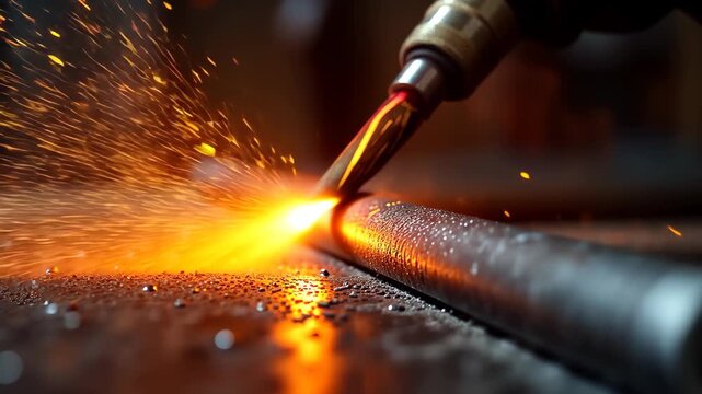 Bright welding sparks erupt from a metal rod as a torch cuts through steel on a workshop table, surrounded by scattered glowing particles. Concept of metalworking engineering, industrial safety 