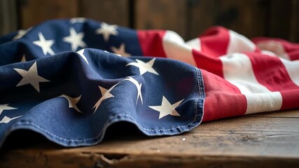 American flag draped on wooden surface, close up view showcasing stars and stripes in vibrant red white and blue fabric with gentle folds. concept of independence day, memorial day, patriotism.