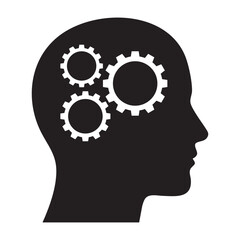 Black silhouette of a human head with three white gears visible inside, symbolizing mental processes, thinking, intelligence, business strategy, problem-solving, and logic.