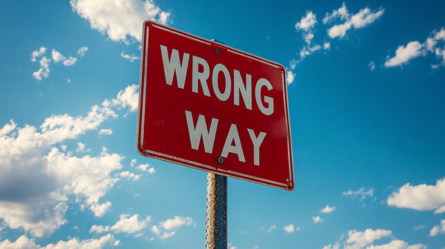 Warning sign alerts drivers of wrong way ahead on a bright sunny day