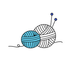 Two yarn balls with a needle and a pair of scissors