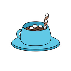 A blue cup with a straw and marshmallows in it