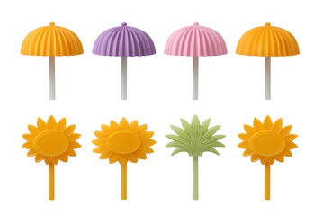 Colorful umbrella and flower shaped plastic drink stirrers, featuring yellow, purple, and pink umbrella tops and sunflower and palm leaf designs, perfect for summer parties and festive gatherings