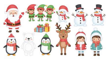 Cute Watercolor Christmas Character Set with Santa, Elf, Snowman, and Reindeer