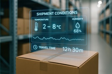 Digital display of shipment conditions, including temperature, humidity, and travel time, showcasing advanced logistics technology and supply chain management.