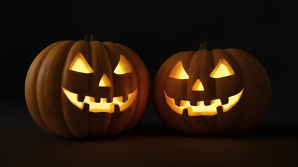 Spooky glowing jack-o'-lanterns illuminated from within on a dark background Halloween promotions