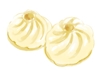 肉汁たっぷりで美味しそうな小籠包の手描き水彩イラスト(透過PNG)