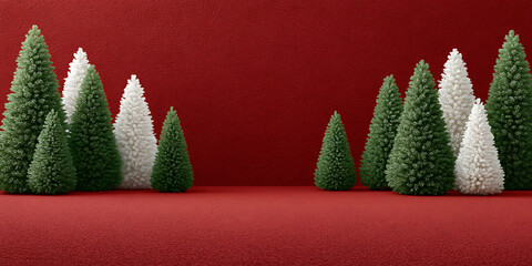 Green and white Christmas trees arranged on a red background with copy space.