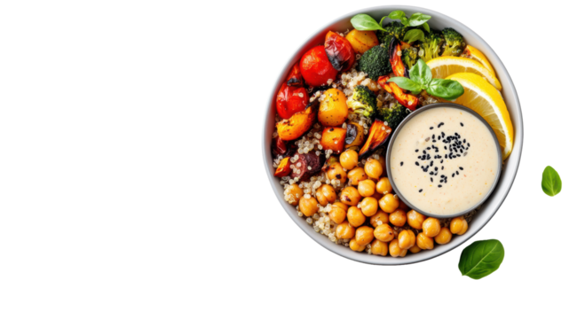 Quinoa Bowl with Fresh Veggies and Hummus on Transparent Background