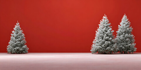 Three white frosted Christmas trees on a bright red background with copy space.