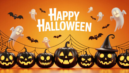Spooky Halloween celebration with grinning pumpkins flying bats and playful ghosts on a vibrant orange background