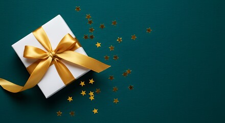 A white gift box with a golden ribbon and bow, surrounded by scattered gold stars on a dark teal textured background