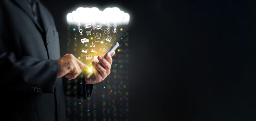 Businessman using smartphone with cloud computing icons floating above and icons raining down, representing data storage, information sharing, digital network, and online technology innovation.