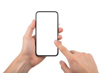 Person Tapping Black Smartphone with Blank White Screen Held in Hand, ideal for UI/UX app mockup, digital marketing, and web design concepts, isolated on transparent background.