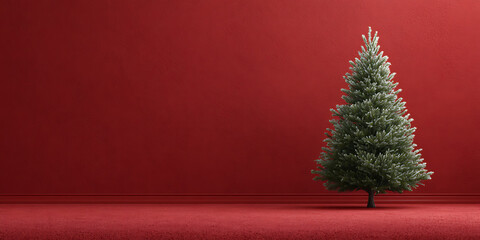 A single green frosted Christmas tree stands on a deep red studio background.