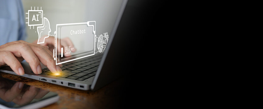 Person typing on laptop with virtual AI chatbot interface, representing artificial intelligence, machine learning, and digital assistant and communication technology in modern business.
