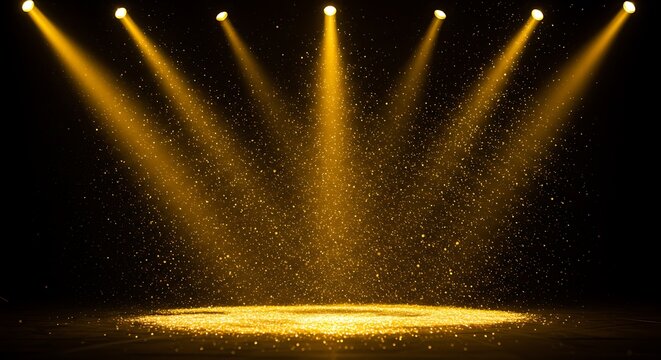 Spotlights illuminate a stage filled with golden glitter and sparkling particles, creating a magical and festive atmosphere