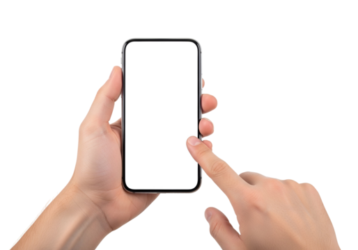 Person Tapping Black Smartphone with Blank White Screen Held in Hand, ideal for UI/UX app mockup, digital marketing, and web design concepts, isolated on transparent background. - Powered by Adobe