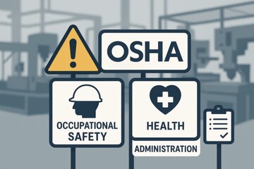 Obraz premium Safety signs highlighting OSHA regulations for occupational safety and health administration in an industrial workspace. Concept of workplace safety and compliance practices.