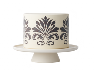 Elegant white cake with black damask pattern, round shape, fondant icing, decorative design, celebration dessert, displayed on white cake stand, sophisticated and stylish