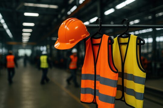 Safety helmets and high-visibility vests hanging in an industrial setting, symbolizing workplace safety culture and teamwork in construction and manufacturing environments.