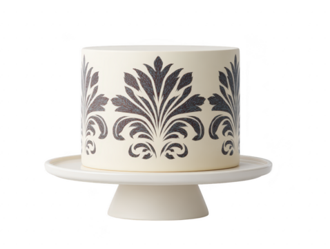 Elegant white cake with black damask pattern, round shape, fondant icing, decorative design, celebration dessert, displayed on white cake stand, sophisticated and stylish