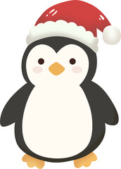Cute Penguin Illustration Wearing a Santa Hat for Christmas Holiday.